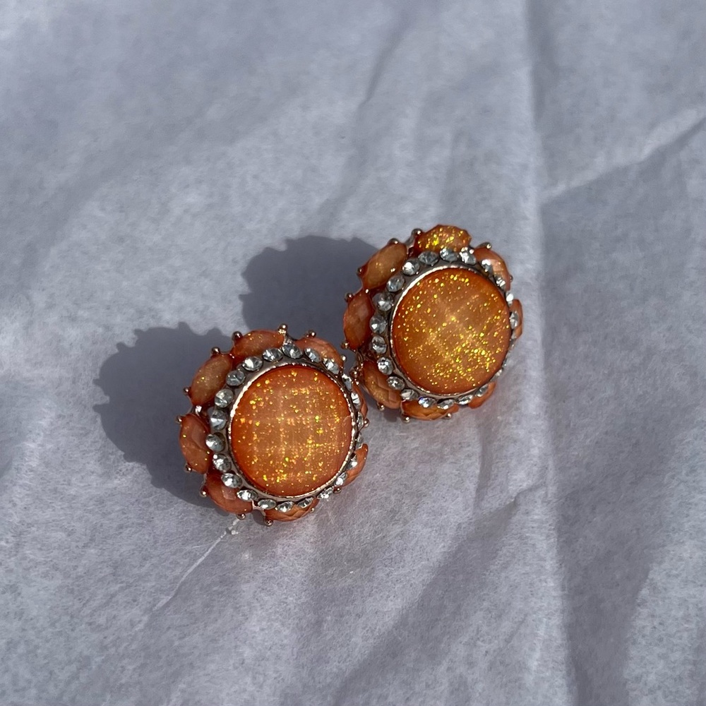 Tangerine orange omega earrings with clear crystal accents er2